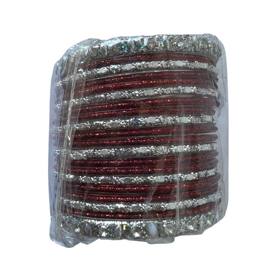 Indian Glass Bangles (Red & Silver) Size 2.4" Design#3